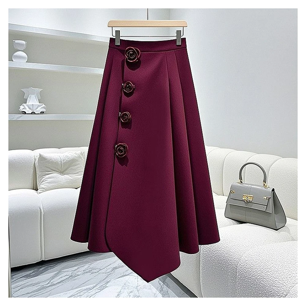 French Ankela Red Irregular Women's Half length Skirt 2024 Autumn/Winter High Waist Rose Design Sense A-line Skirt