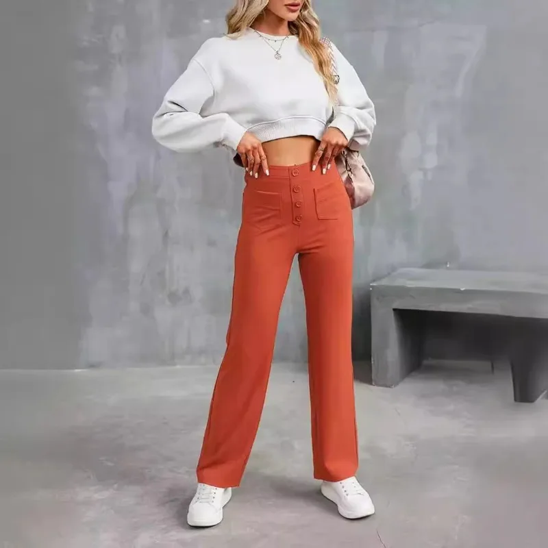 2024 Fashion New Women's Trousers Solid Color Patch Pocket High Elastic High Waist Straight Leg Casual Pants for Women