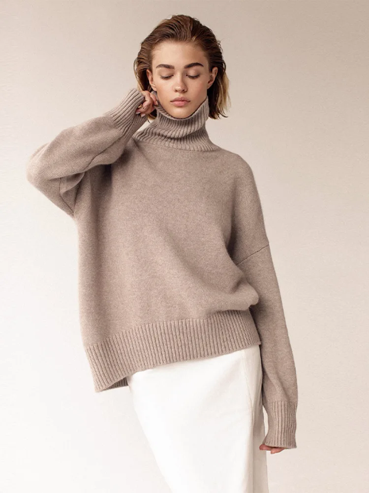 

Chic Warm Solid Turtleneck Knitted Pullover Women Elegant Long Sleeves Loose Sweater 2024 Autumn New Female Casual Pullovers