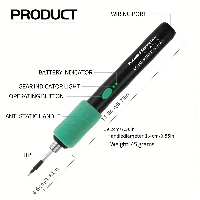 หัวแร้งบัดกรีไร้สาย USB 15W ขนาดเล็ก แบบ Type C พร้อมอินเทอร์เฟซควบคุมอุณหภูมิสามระดับ ﻿