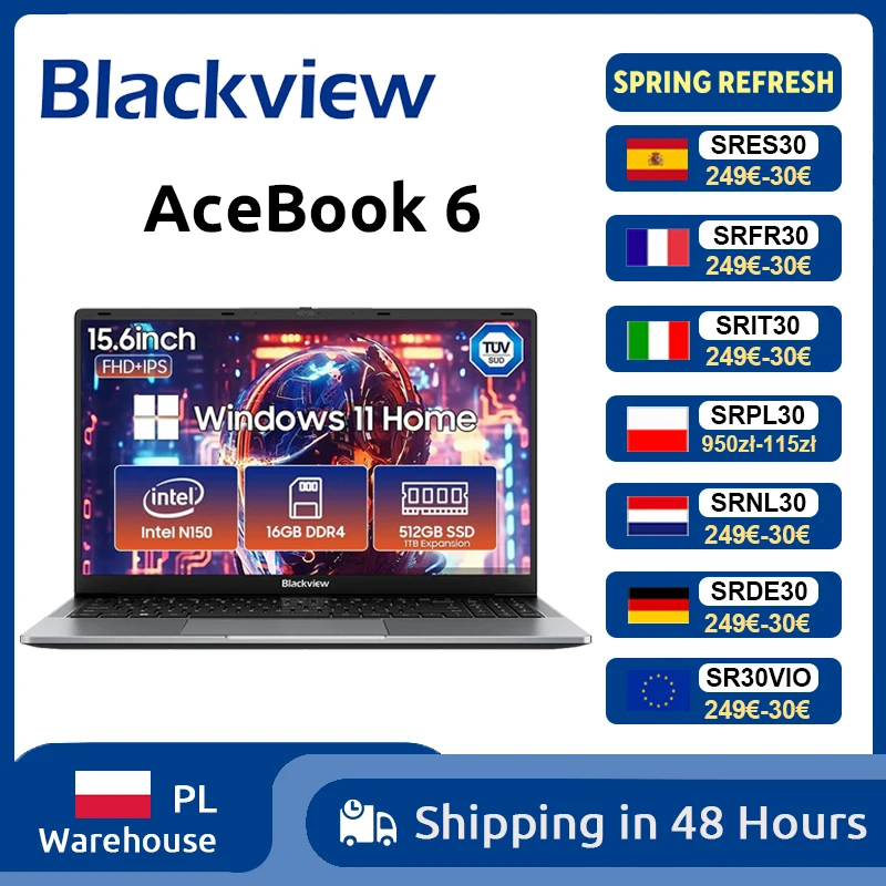 Blackview AceBook 6 Laptop Intel Twin Lake N150 CPU 15,6'' FHD+ IPS Scherm 16GB DDR4 512GB SSD 36Wh Batterij Windows 11 Notebook