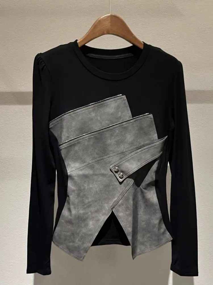 

French Retro Fashion High-end Contrasting Color Stitching Round Neck Long-sleeved T-shirt for Women 2025 Autumn New Slim Fit Top