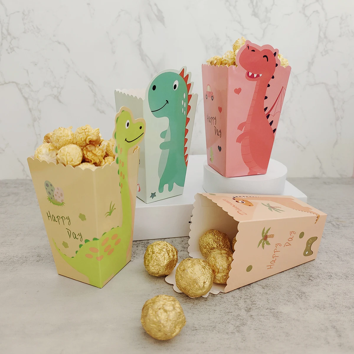 12/48pcs Four styles mixed dinosaur popcorn boxes, packaging boxes for party, wedding, and baking supplies