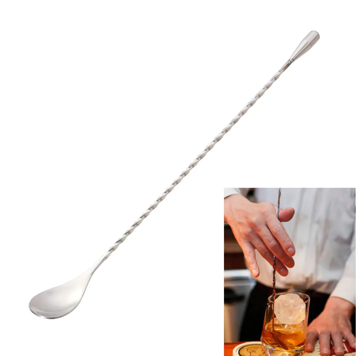 Stainless Steel 304 Cocktail Twisted Bar Spoon Threaded Swizzle Stick Long Bar Tea Stirring Stick Bartender Tool 31Cm for Mixing