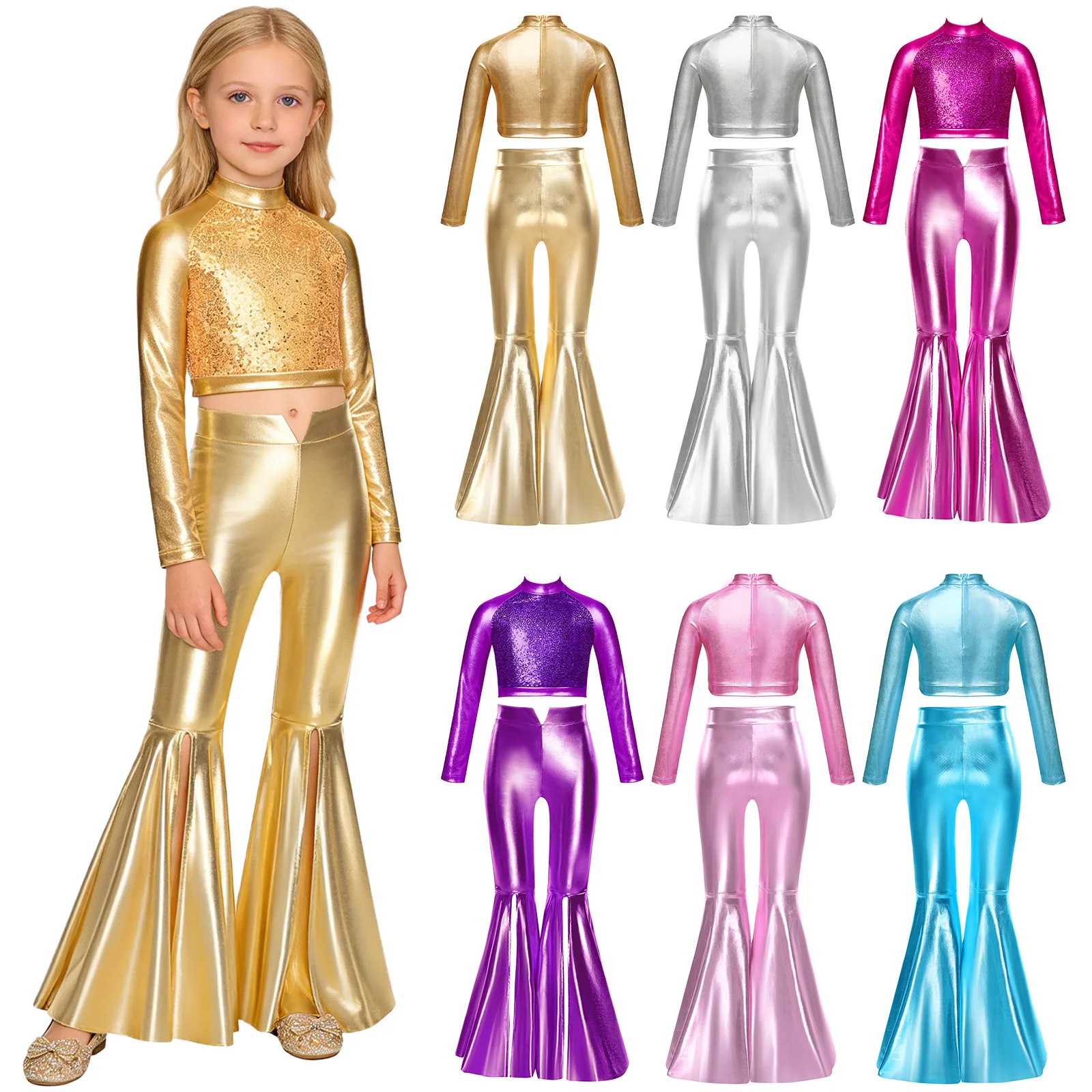 Kids Girls Shiny Disco Jazz Dance Costume Long Sleeve Metalic Sequin Crop Top Split Bell-Bottom Pants Hippie Ballroom Performace view 2