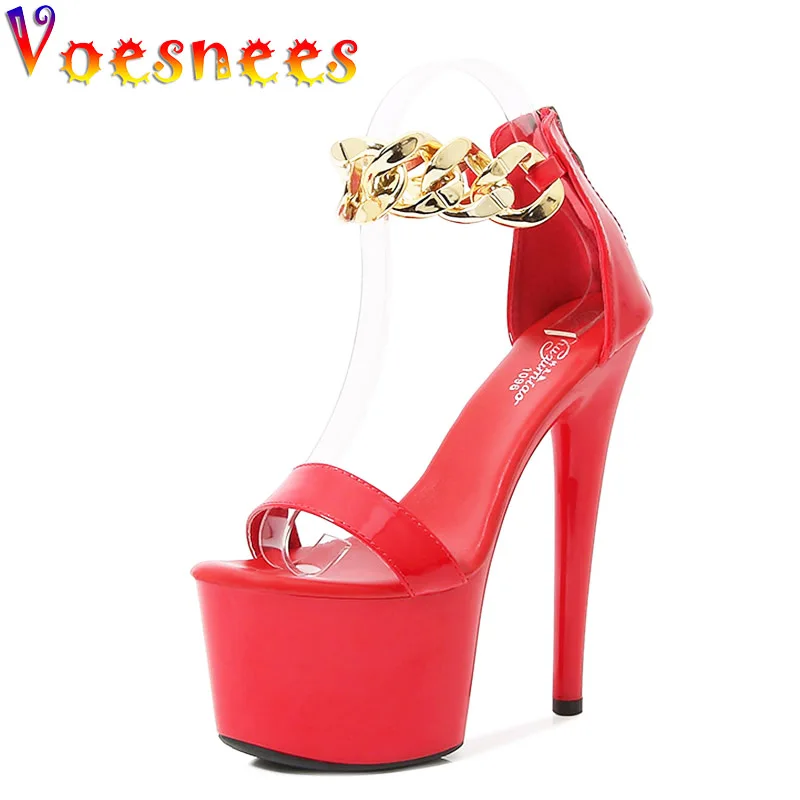 Platform Women Shoes Metal Chain Ladies High Heels Red Peep Toe Wedding Sandals Club Stripper Show Summer Pumps Chaussure Femme