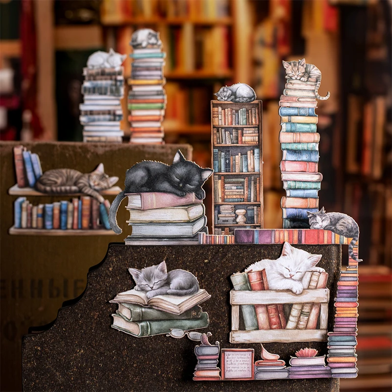 

15 листов/пакет, книжная полка и наклейки с изображением кота для творческого скрапбукинга, ежедневник, офисные канцелярские принадлежности, чехол для телефона, украшение, подарок