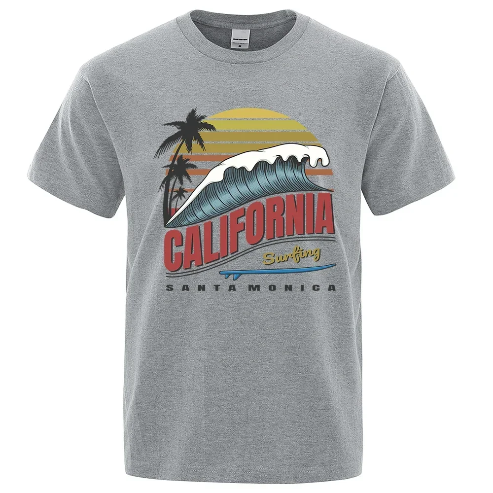 California Surfing Santa Monica Beach Printed Clothes Men Breathable Oversize T-Shirt Summer Cotton Tee Clothes Crewneck T-Shirt