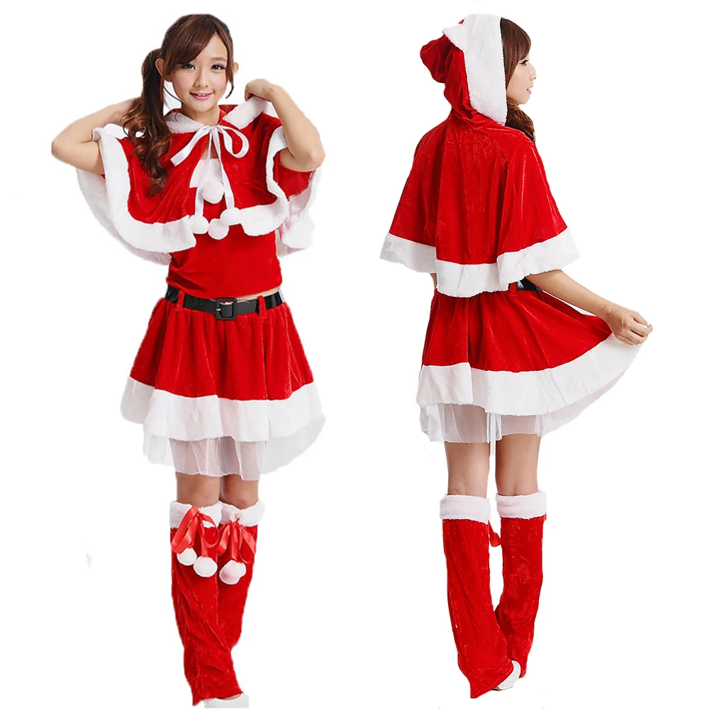 Cosplay Mrs. Santa Claus Red Christmas Dress With Cloak Sweet Women's New Year Party Dress Girl Kawaii Evening Dress Xmas Gift