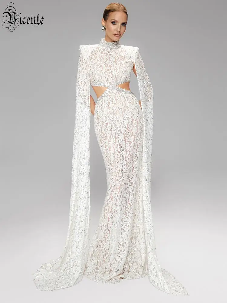 

VC Luxury White Lace Evening Dress Women High Neck Long Sleeve Cut Out Bodycon Maxi Dress Elegant Party Wedding Guest Gown