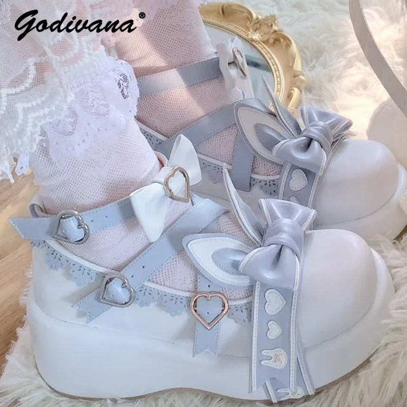 Nuove scarpe da ragazza studentessa Lolita Orecchio di coniglio Scarpe con plateau con fiocco carino Scarpe in pelle con rialzo di altezza Décolleté