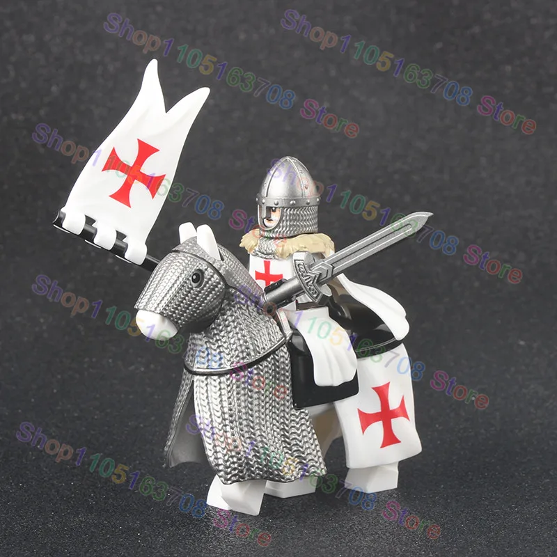 MOC Medieval Military Crusader Knight Building Blocks Castle Army Soldier Figure Horse Mount Shield Sword Accessories Bricks Toy