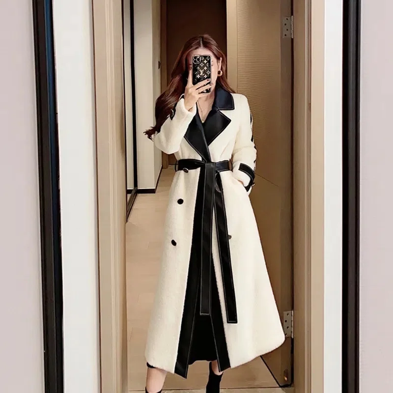 High-End Custom Woolen Coat 2024 New Fashion Temperament Contrast Stitching Long Plush Coat Women's Trend M962