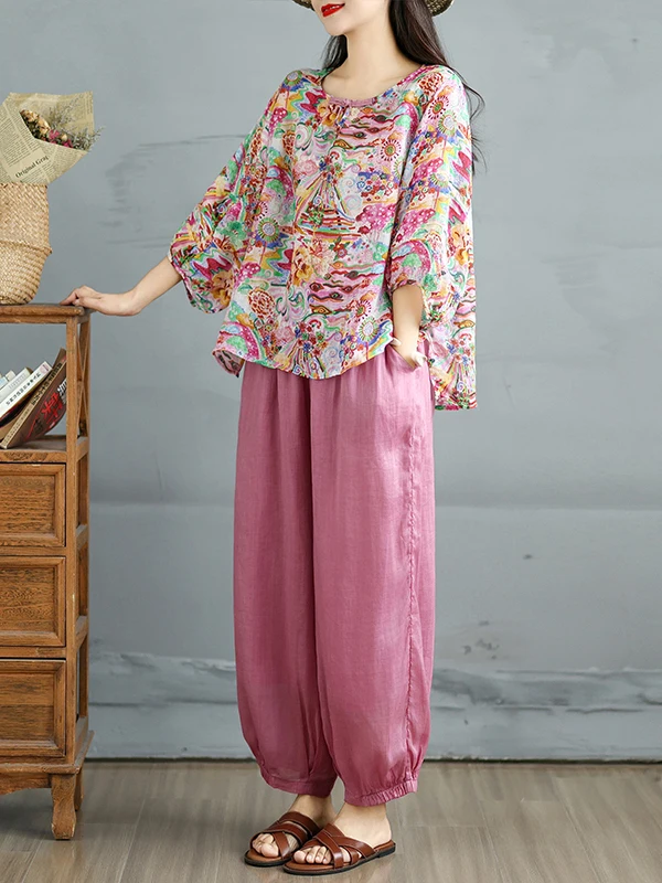 Faionable повседневная футболка с принтом и брюки-фонарики, комплект из двух предметов, круглый летний комплект свободного кроя Ne ort Sve для женщин