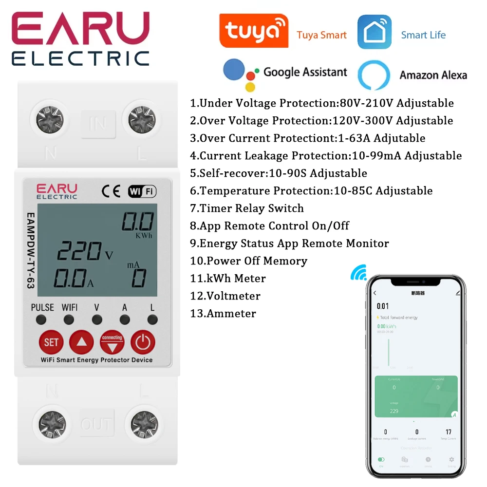 2P 63A TUYA APP WiFi Smart Circuit Earth Leakage Over Under Voltage Protector Relay Device Switch Breaker Energy Power kWh Meter