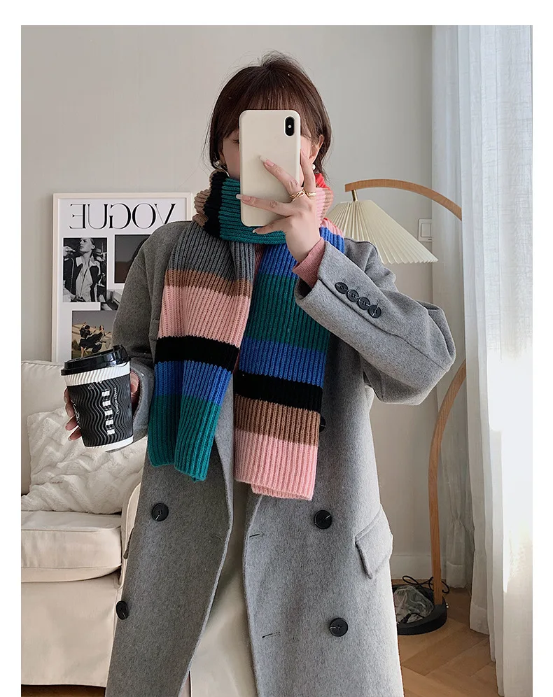 Winter Contrast Color Rainbow Knitted Striped Scarf Korean Outside Cold-proof Men and Women Couple Scarf Luxury Designer Hijab