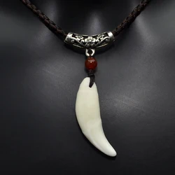 Cool Men's Necklace Imitation Wolf Tooth Pendant handmade Tibetan Amulet Fangs Tooth Vintage Charm White Brown Ecru