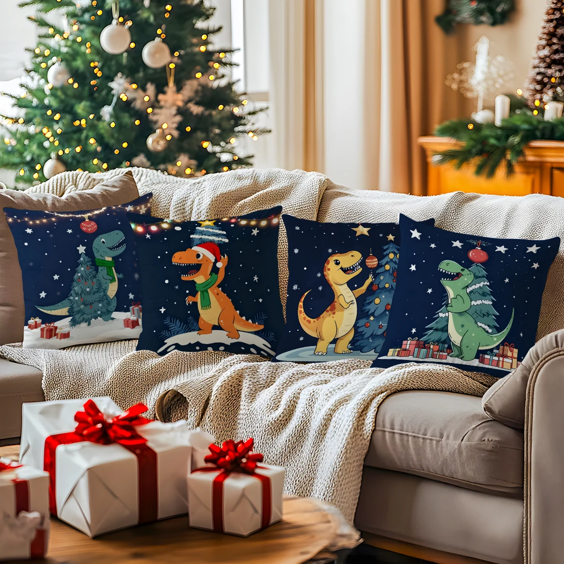 

Dinosaur Christmas Tree Pillowcase Printed Polyester 40/45/50cm Throw Pillowcover Decorative Sofa Cushion Pillowslip Home Decor