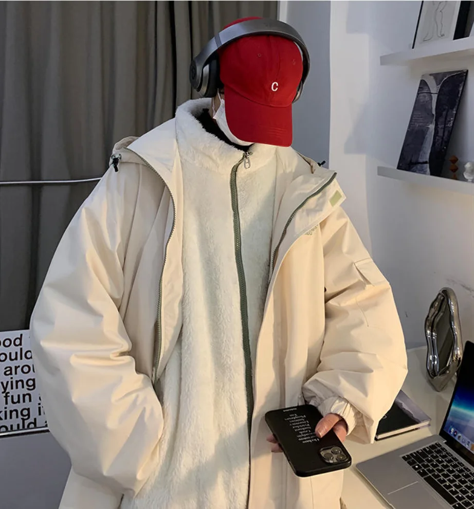 Koeran Style 2 Piece Set Mens Heavy Fleece Jacket for Winter Waterproof Cotton Padded Thermal Outdoor Clothes Hooded Zipper Coat