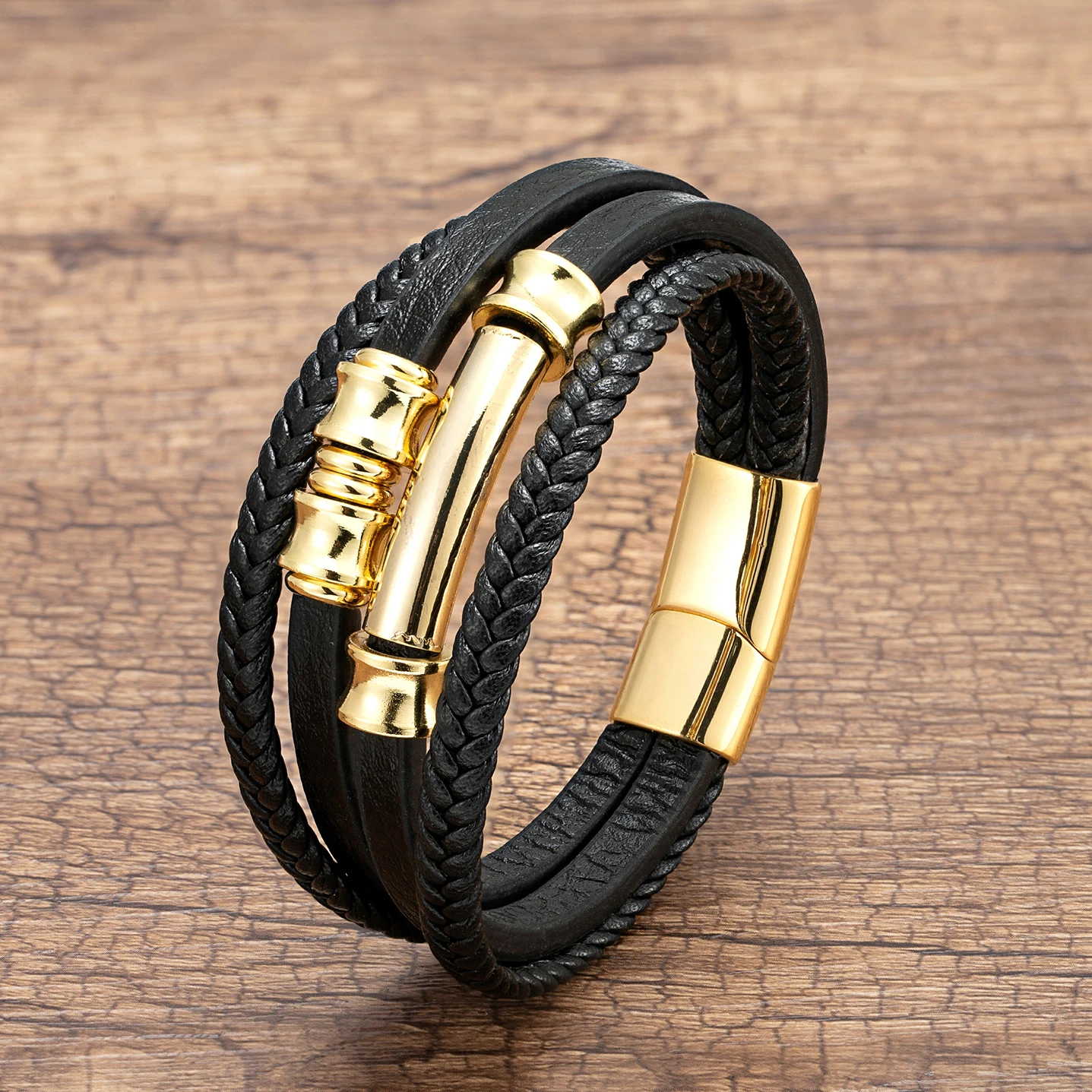 Punk Multilayer Weave Leather Bracelet Luxury Stainless Steel Bead Accessory Bracelets For Men Boys Gift Jewelry Wholesale