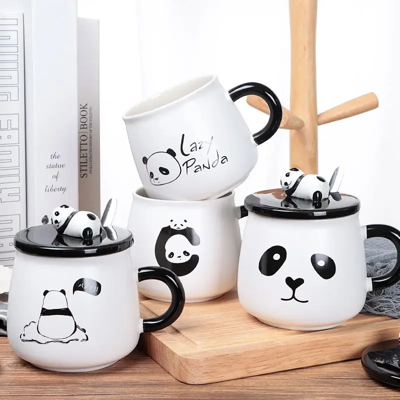 Cartoon Panda Mug Three-dimensional Ceramic Coffee Cup with Lid Spoon Office Home Couple Cup Breakfast Milk Drink