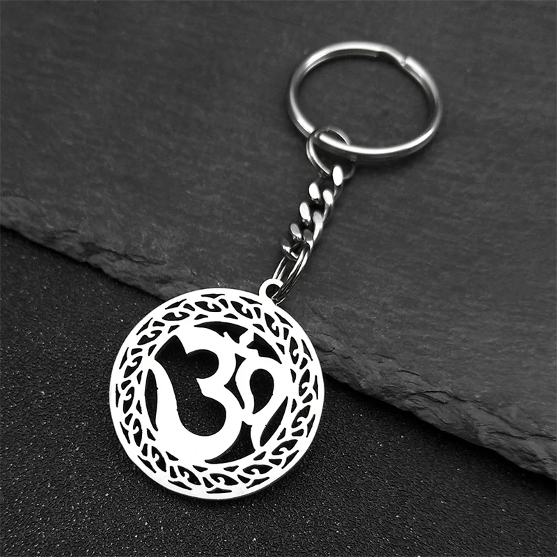 OHM Hindu Buddhist AUM OM Pendant Keychain For Women Men Stainless Steel Gold Silver Color Yoga Hollow Keyring Jewelry Amulet