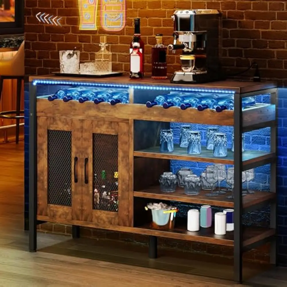 

47" Industrial Coffee Bar Cabinet w/Led Lights and Power Outlets, Liquor Cabinet w/Doors Wine Rack Storage Metal Wood Sideboard