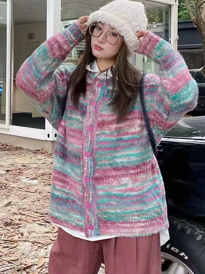 

Retro American Striped round Ne Open Cardigan Loose Lazy Sle Women's Casual Sweater Autumn Winter Couple Matching Clothes