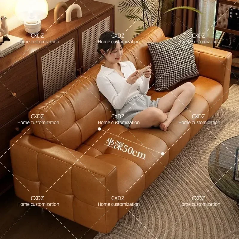 Retro Medieval Style Brown Caramel Leather Sofa for Small Apartment Living Room Black Modern Minimalist Furniture