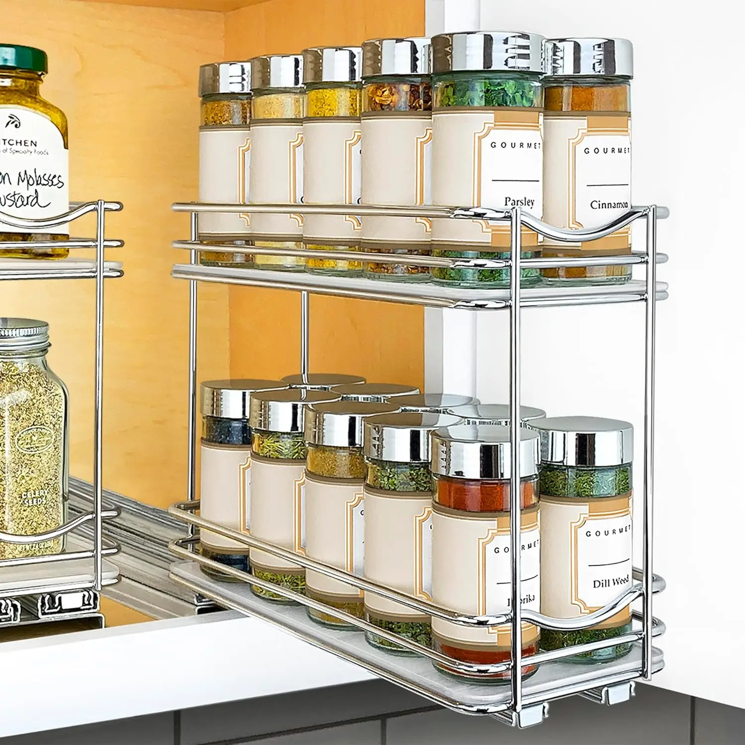 

Pull Out Spice Rack Organizer for Inside Kitchen Cabinets - 4-3/8 inch Wide - Slide Out Drawer – Chrome Sliding Spice Organi