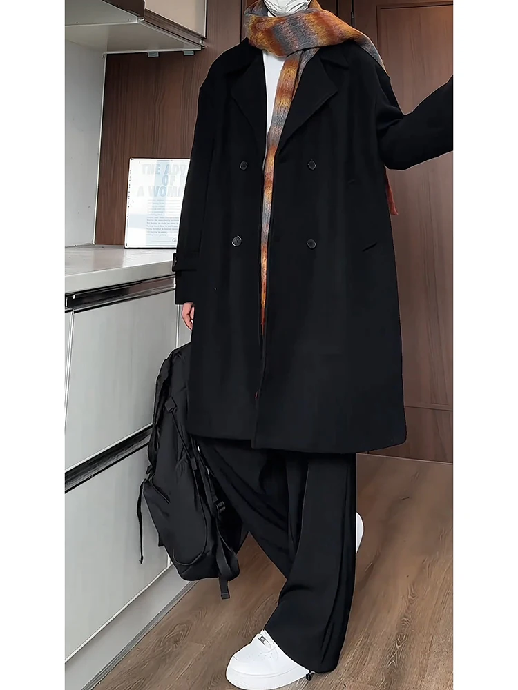 

German Sle Men's Bla Woolen Coat Autumn Winter Briti Faion Knee-Length Overcoat Youth ulari Loose Fit Polyester ...