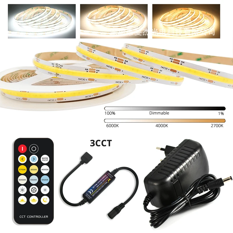 Tunable White COB LED Strip Light Kit - 2700K to 6500K Dimming, High CRI 90+, with 24V Power Supply & Remote Control