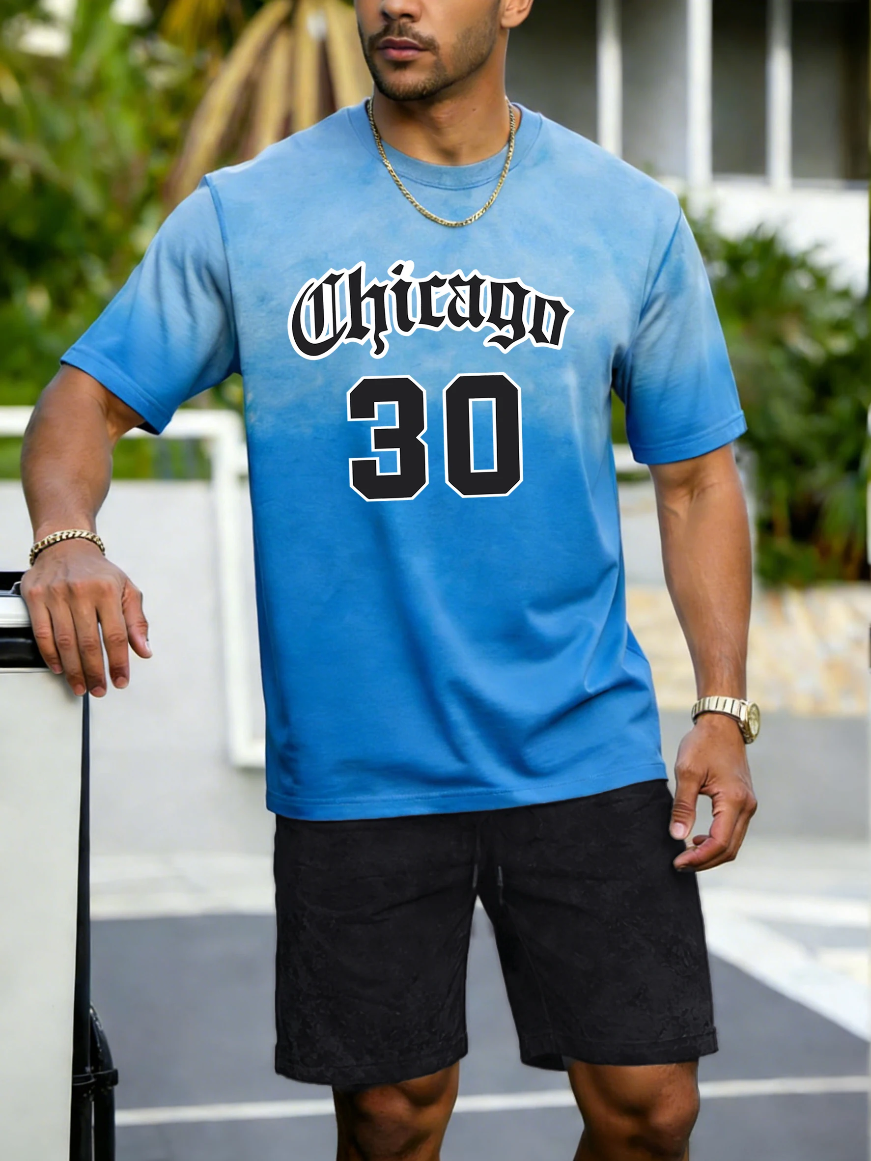 

Мужской комплект: футболка с принтом Chicago Letter Number 30, тай-дай, с коротким рукавом и круглым вырезом, повседневная, и летние хлопковые шорты. Свободная модная одежда.