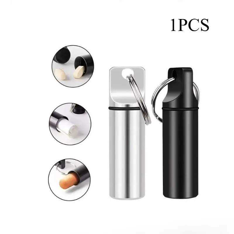 

Mini Organizer Aluminum Waterproof Pill Box Cases with Sealed Storage Round Alloy Cartridge and Keychain for Vitamin Fish Oils