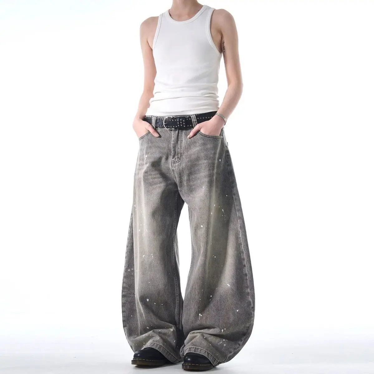 Grey Splashed Ink Jeans Men's Loose Straight Leg Curved Knife Wide Leg High Street American Style Handsome Pants