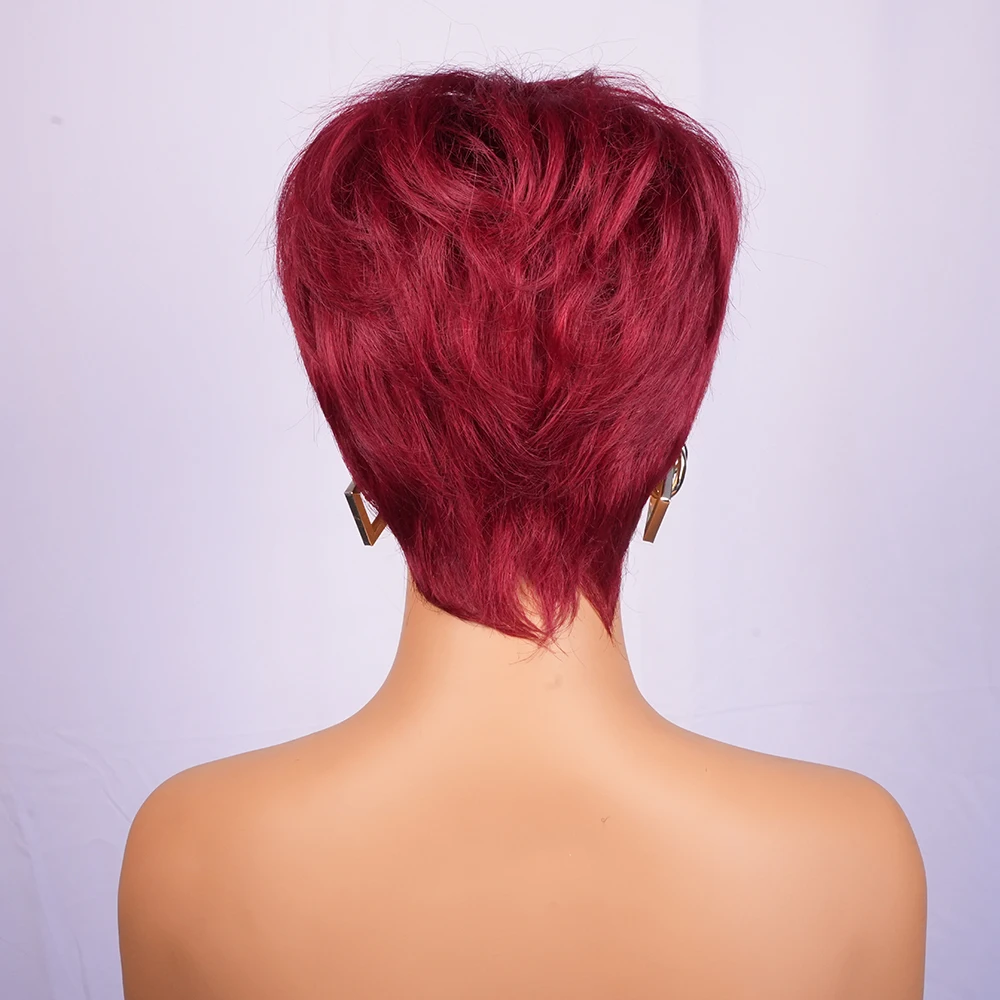 قصيرة اللون الأحمر مع الانفجارات الإنسان قصيرة عابث قطع شعر مستعار بورجوندي شعر طبيعي مفرود الباروكات البرازيلي آلة صنع عابث قطع شعر مستعار