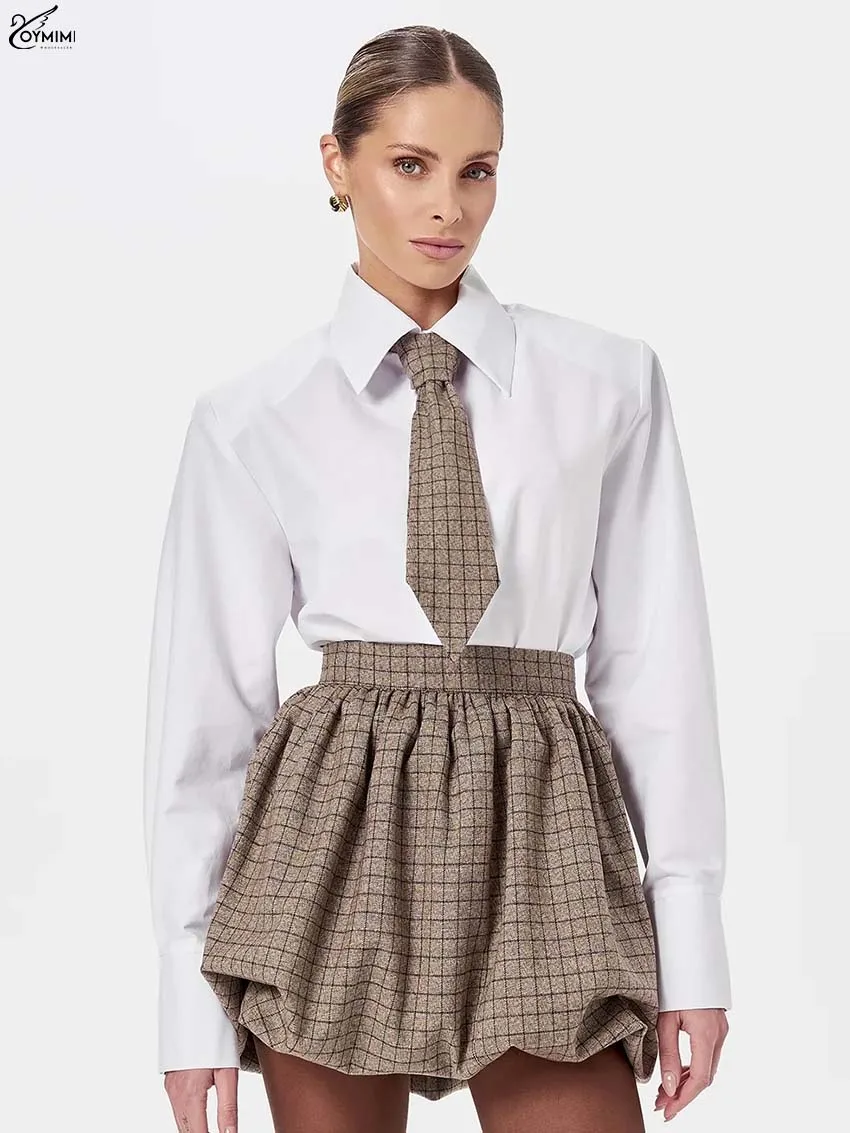 Oymimi Elegant White Two Piece Outfits Woman Fashion Long Sleeve Button Shirts And Print High Waisted Pleated Mini Skirts Sets
