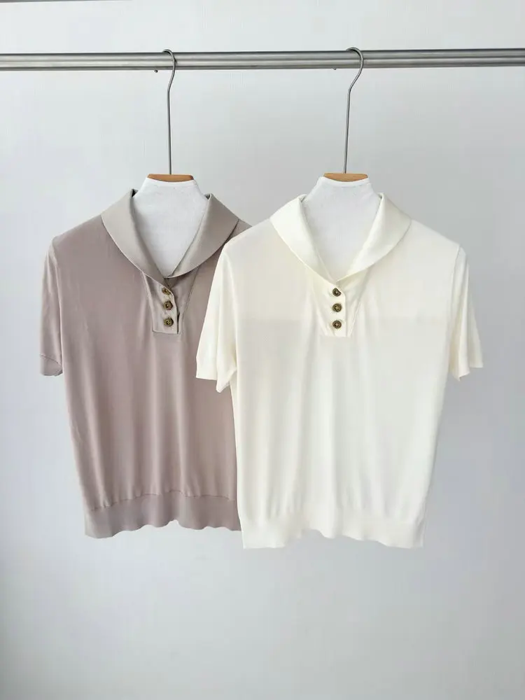 26 Spring Summer New Silk Collar Short Sleeve Knitted Shirt Women's Top
