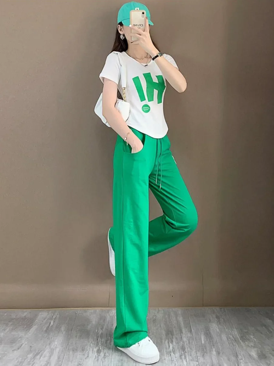 Green Cotton Women\'s Top and Pants Two Piece Set Wide Leg Luxury Casual Ladies Trouser Elegant Full Xxl with Sleeve Aesthetic D