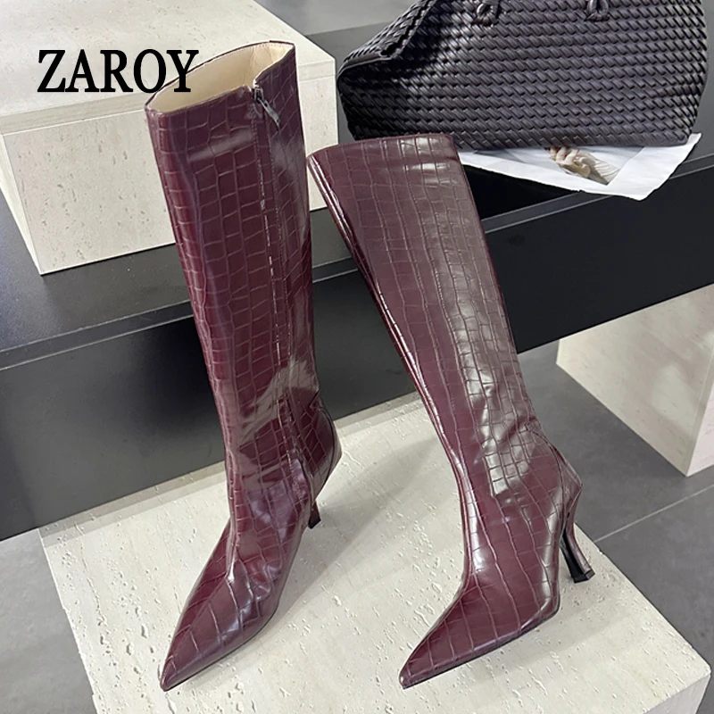 ZAROY Brand Designer Burgundy  - High Knee Heel Boots ulasan dan harga