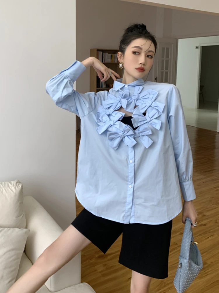 Fashion Elegant Blouses for Women Monochromatic Bow Patchwork Hollow Out Design Shirts Spring Autumn 2024 New Chic Clothing Tops