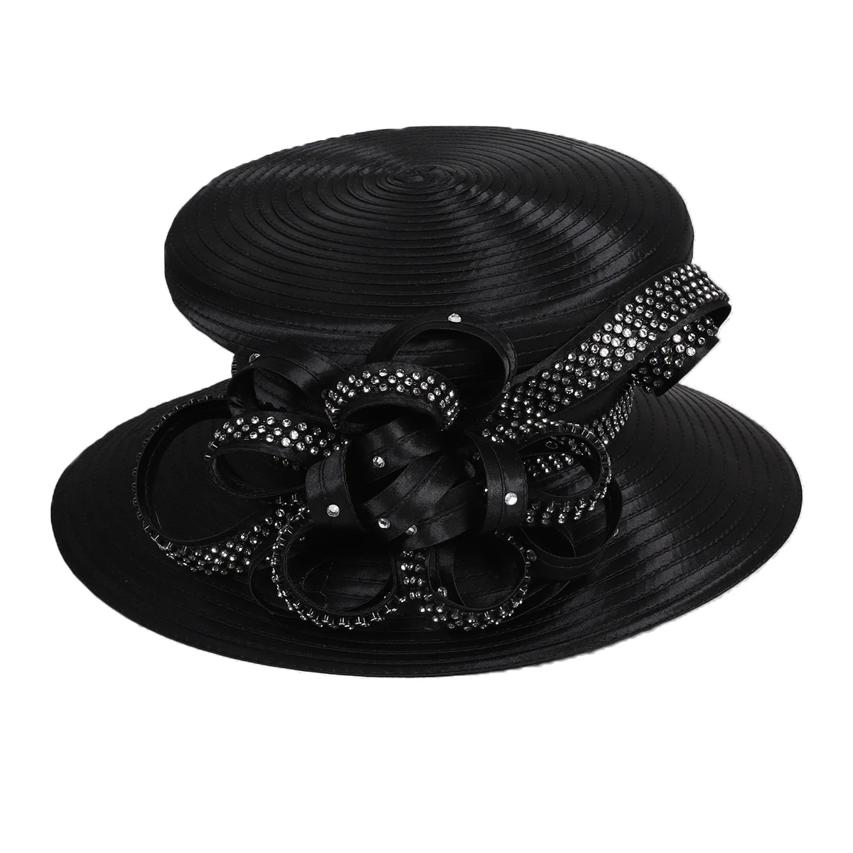 Women's Wide Brim Black Bowler Hat Cap with Flower Rhinestone Flat Top Sun Visor Hats for Formal Tea Party Dress Cocktail
