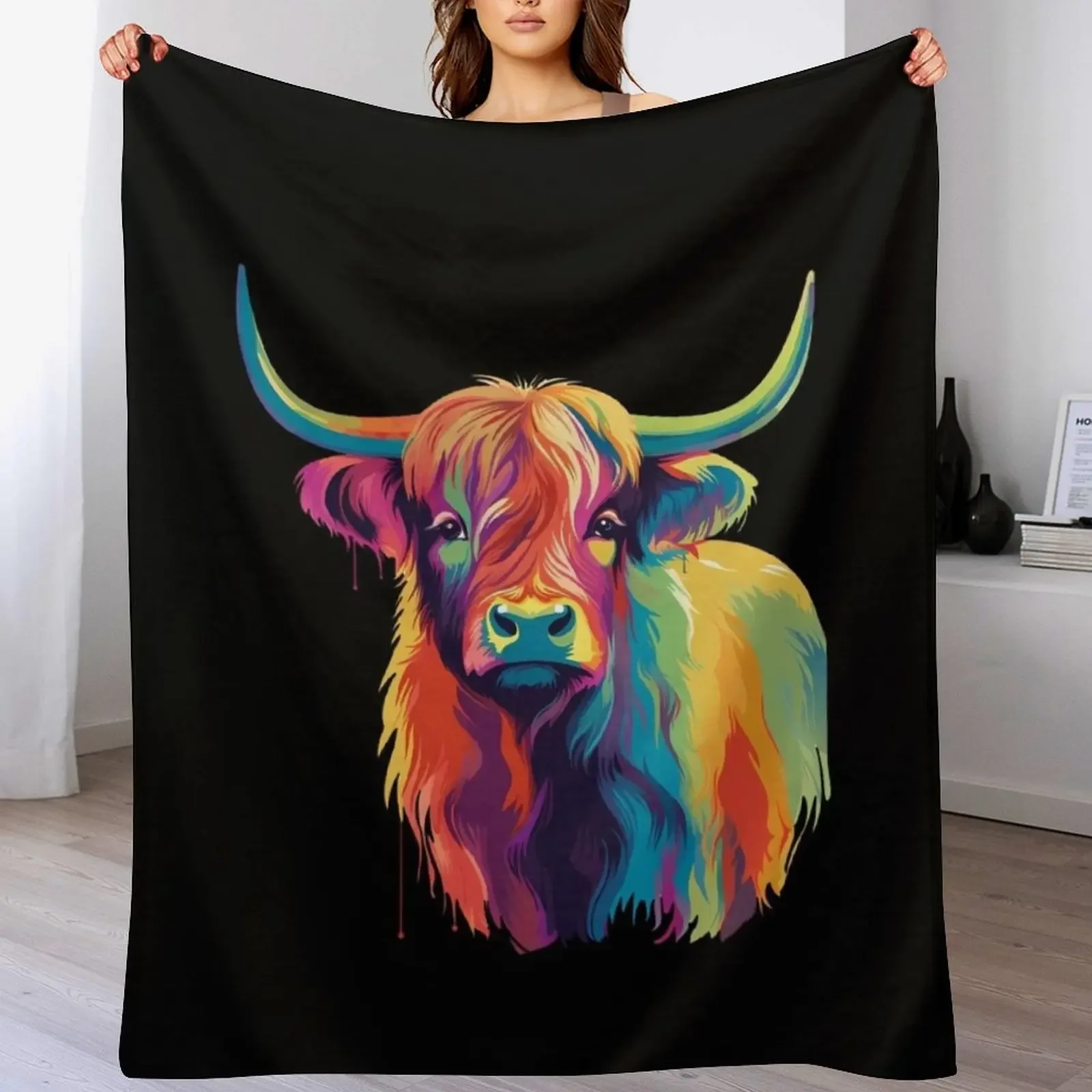 Colorful Pop Art Highland Cow Throw Blanket Luxurious Soft Fuzzy Blanket for Sofa Bed