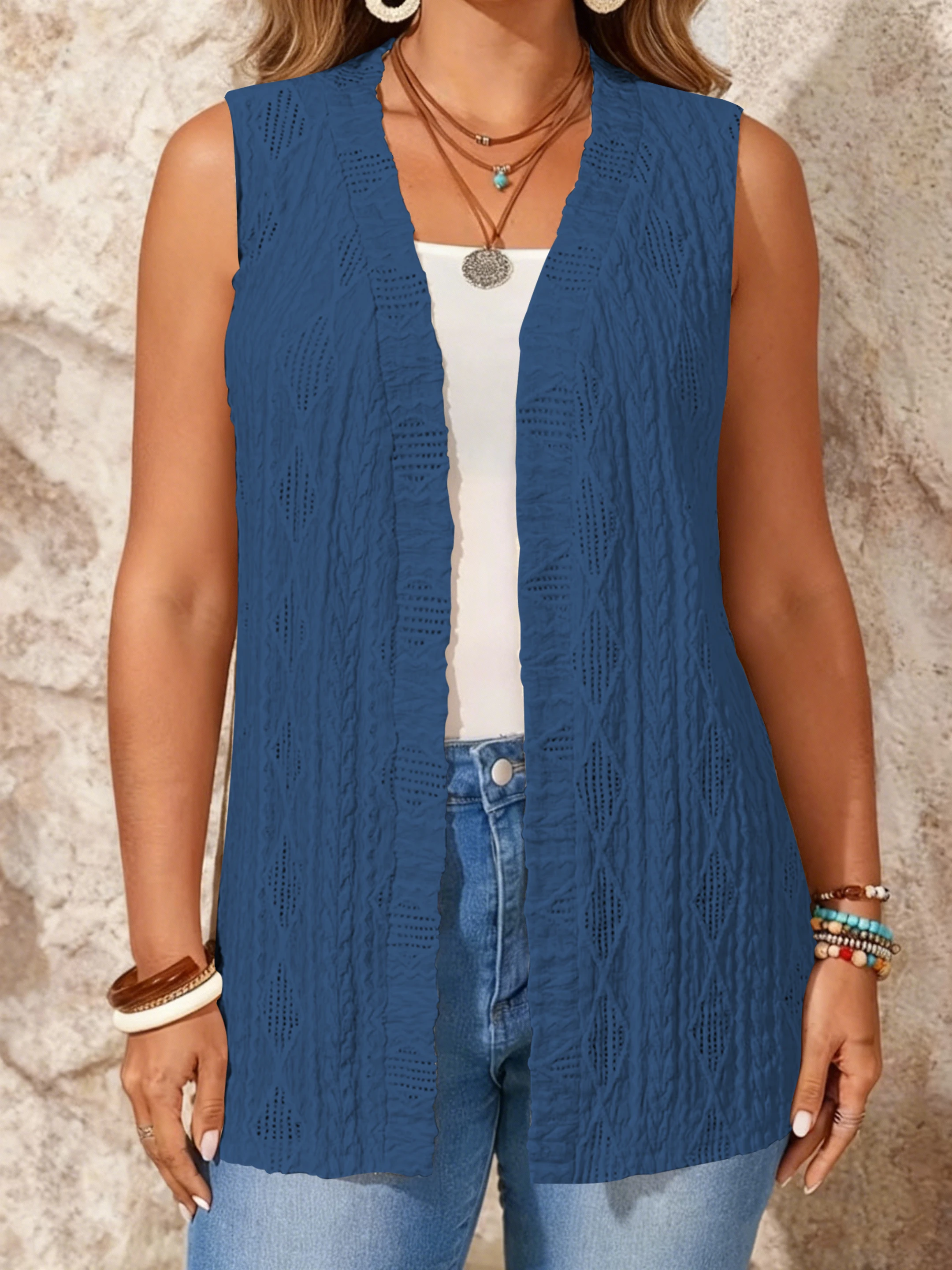 Doorschijnend gebreid mouwloos vest voor dames, lichtgewicht ademende zomerbedekking, effen kleur casual vakantiekleding