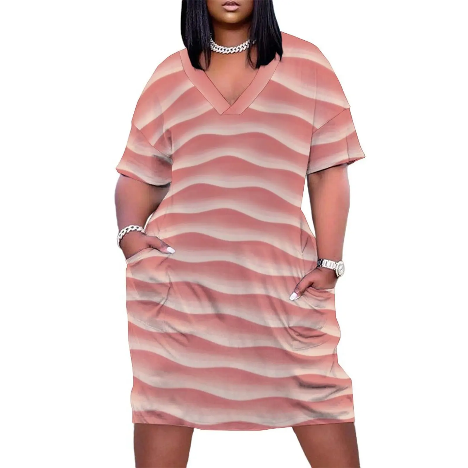 

Wave Rows Misty Salmon Loose Pocket Dress beach outfits for women Womens dresses Clothing