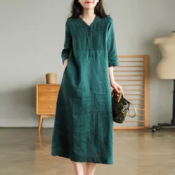 Women Summer Casual Dress New Arrival 2024 Vintage Style V-neck Solid Color Loose Female Cotton Linen Long Dresses B3334