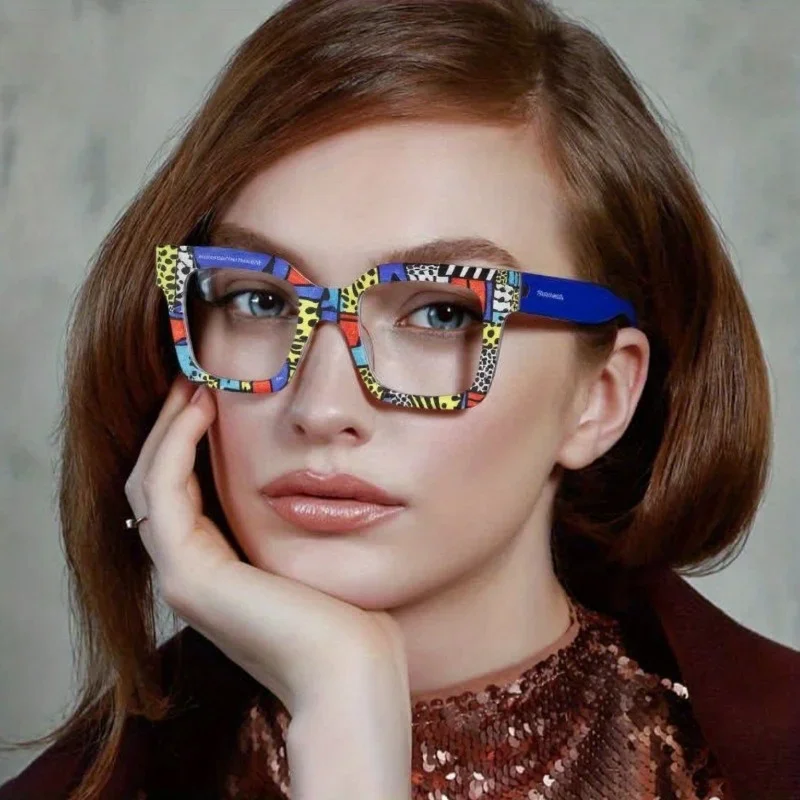

1PC-Stylish, simple and generous, large frame anti-blue flat glasses, color pattern, thin glassesDDD