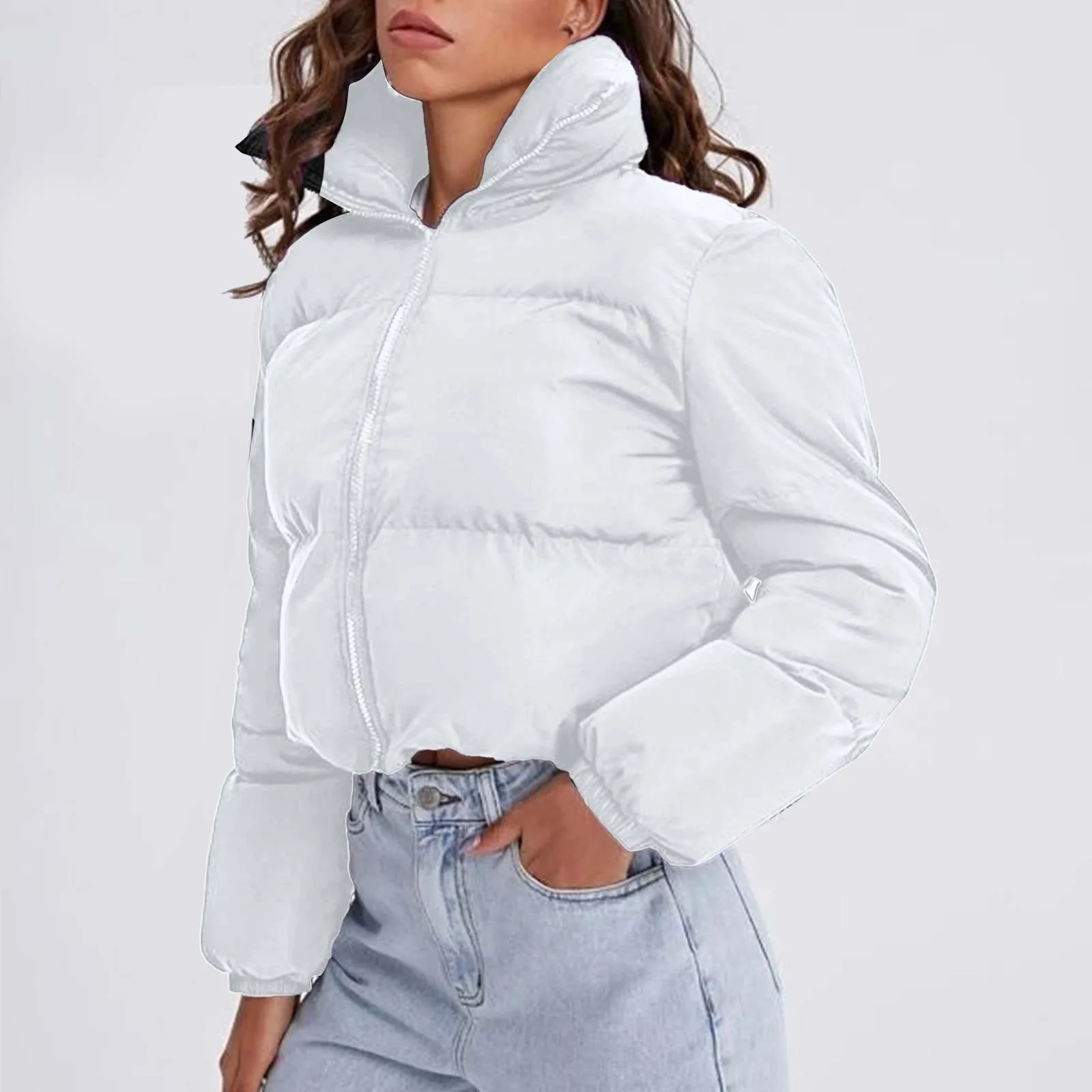 Inverno feminino manga longa oversized recortado jaqueta suporte zip up curto para baixo casaco cor sólida moda coreana casacos acolchoados