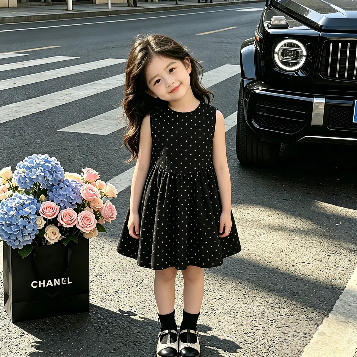 Girls Black Polka Dot Dress 2026 Summer Simple Elegant Sleeveless Cami Princess Dress Kids Sundress