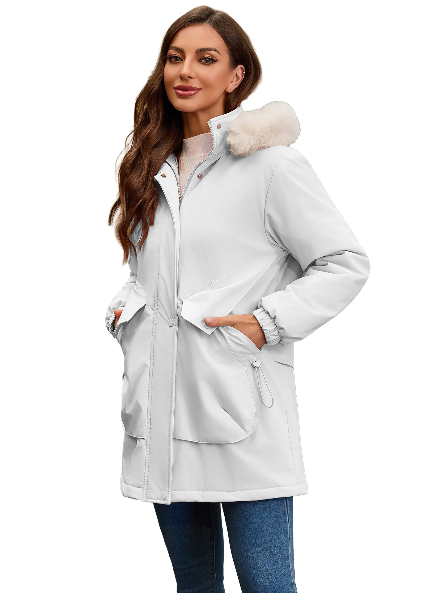 Women's Waterproof Medium-Length Parka back design detail with articulated yoke and ventilation considerations